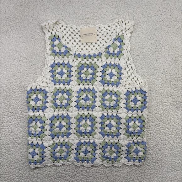 Lucky Brand Granny Square Crochet Sweater Vest Open Knit Tank Top Boho Size S - Picture 1 of 7